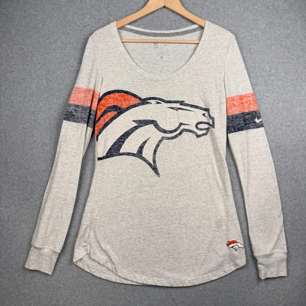 Denver Broncos Top Womens Large Gray NFL Nike Long Sleeve Tee Logo Football